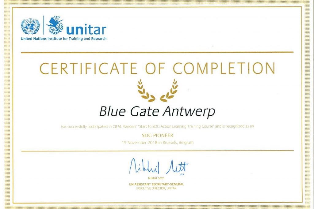 Certificaat dat aantoont dat Blue Gate Antwerp een SDG pioneer is.